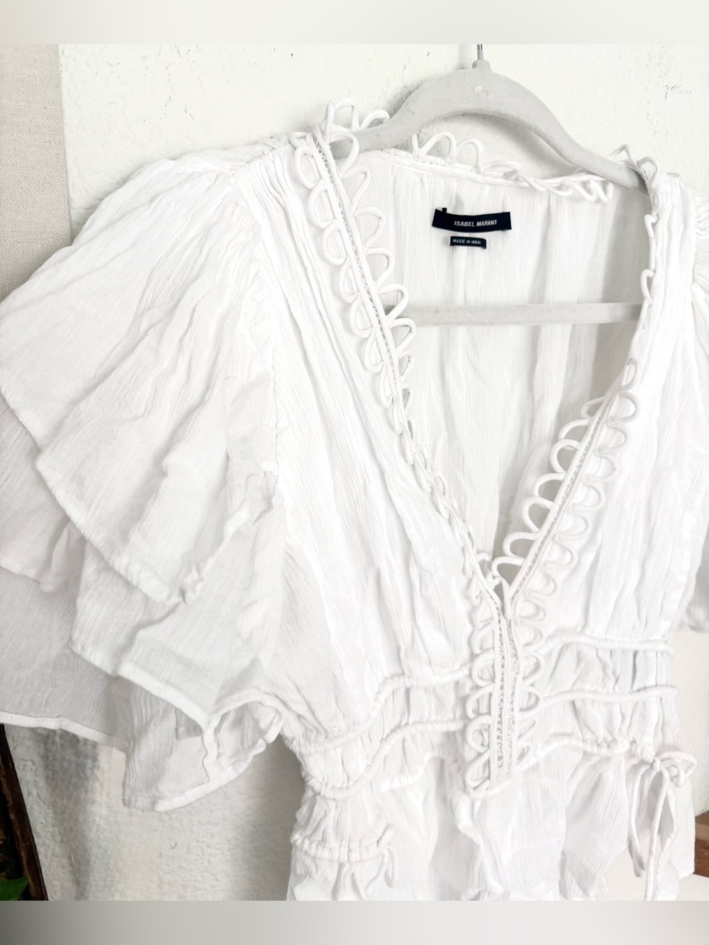 Isabel Marant Yemila Top Shirt Embroidered Ruched Cotton Flutter Sleeve Sz XS - Picture 6 of 9